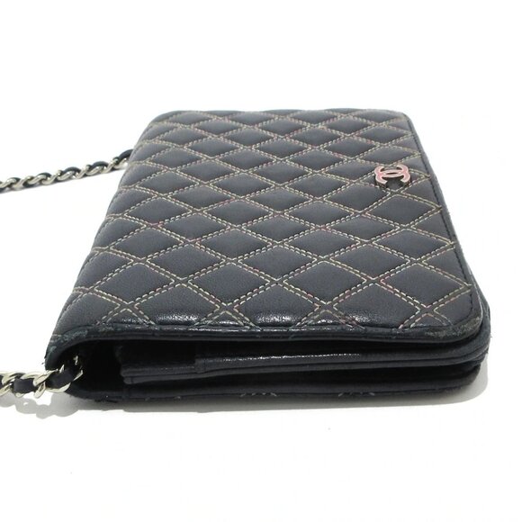 Auth CHANEL Matelasse/Double Stitch - Dark Navy Pink Lambskin Other Style Wallet - Picture 9 of 13